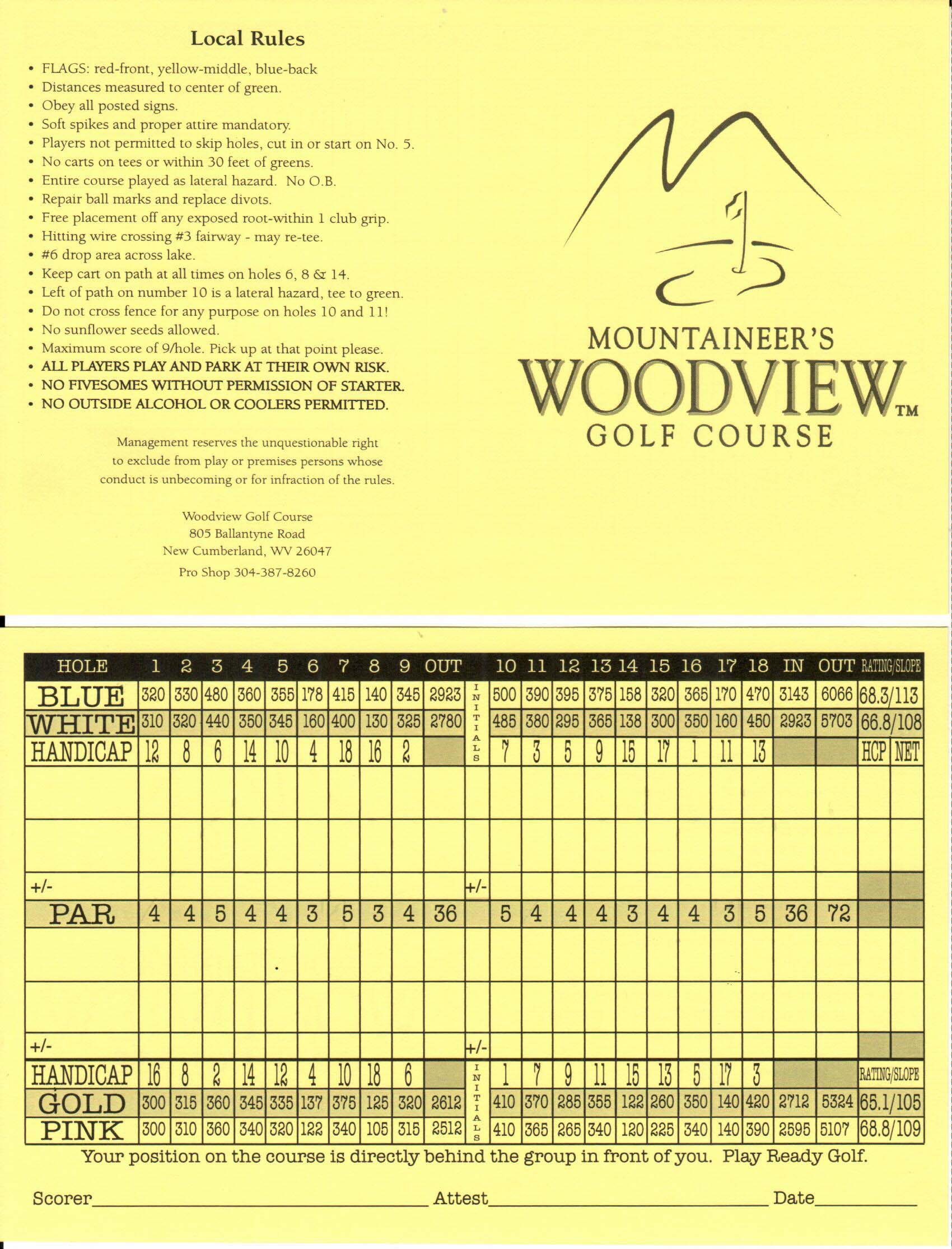 Scorecard Mountaineer's Woodview Golf Course